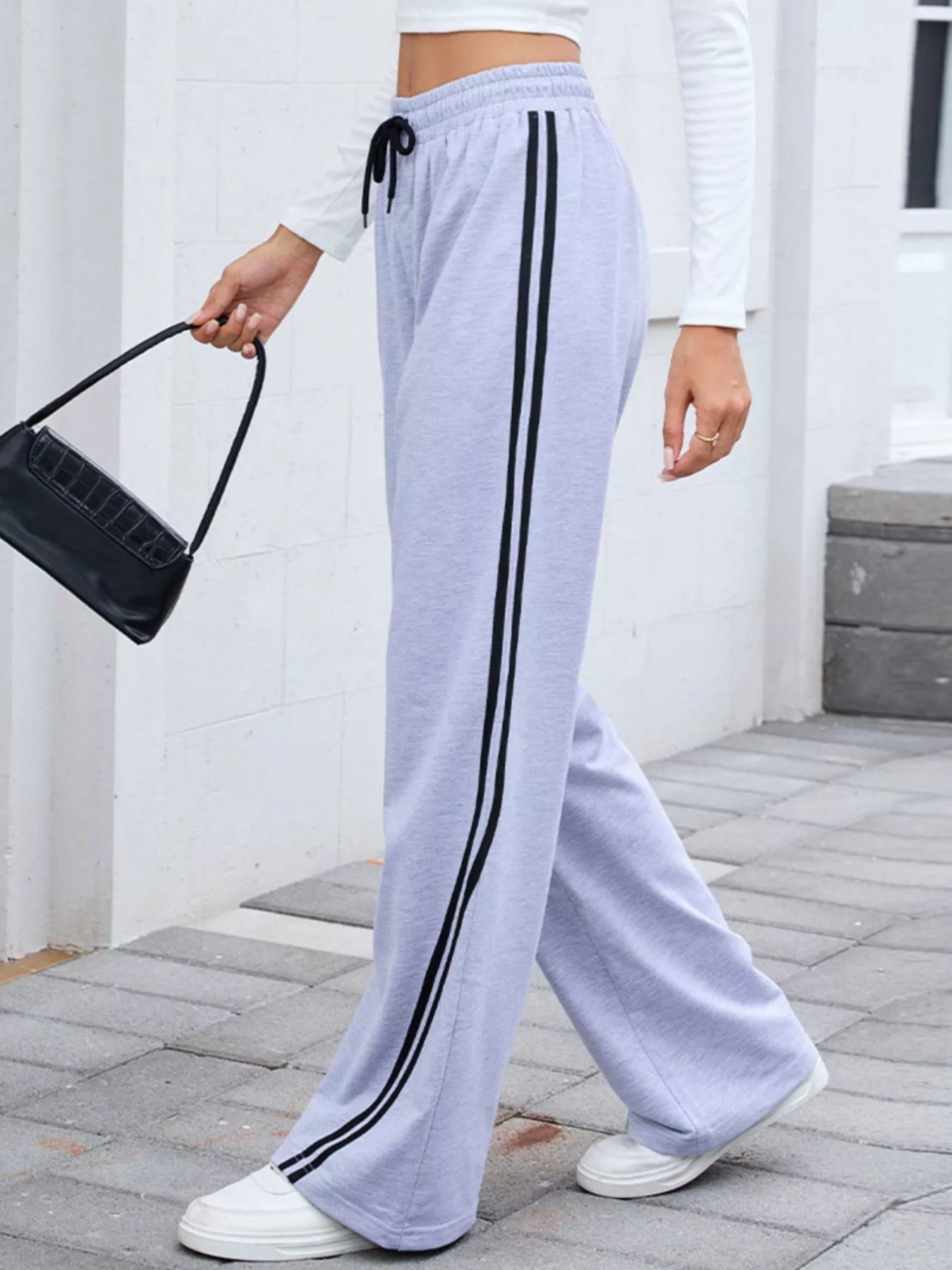 Side Striped Wide Leg Pants - MAD RUFFI