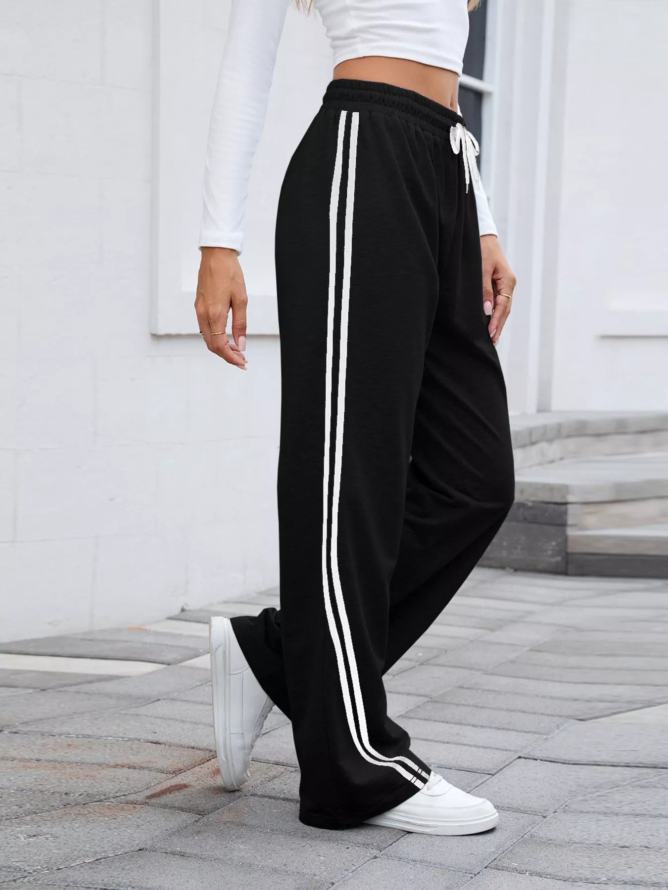 Side Striped Wide Leg Pants - MAD RUFFI