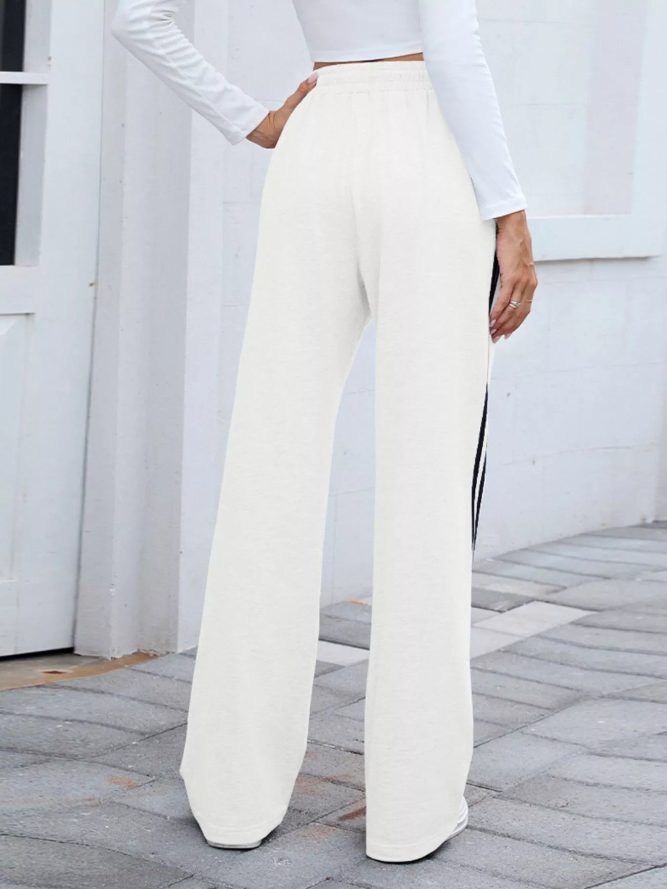 Side Striped Wide Leg Pants - MAD RUFFI