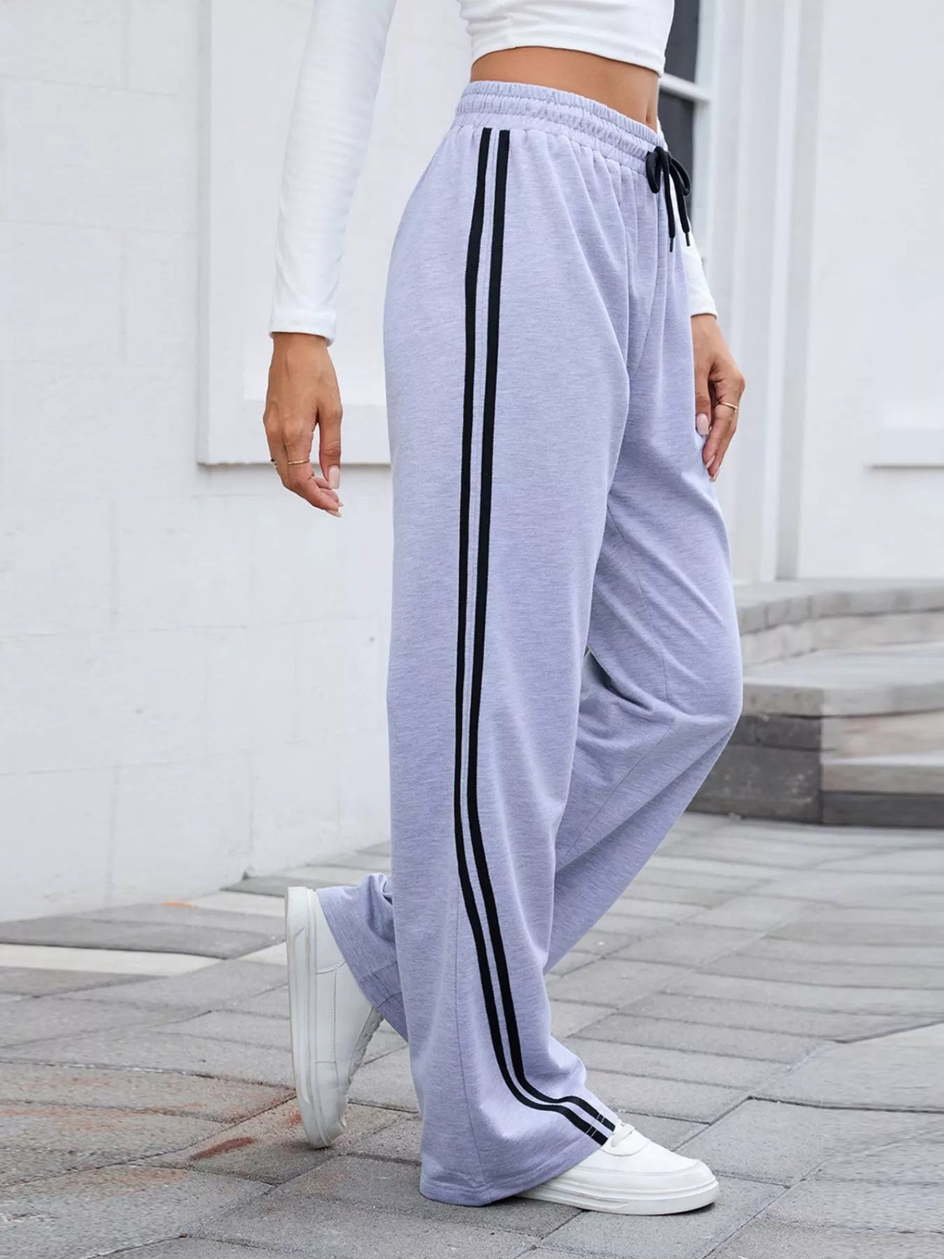 Side Striped Wide Leg Pants - MAD RUFFI