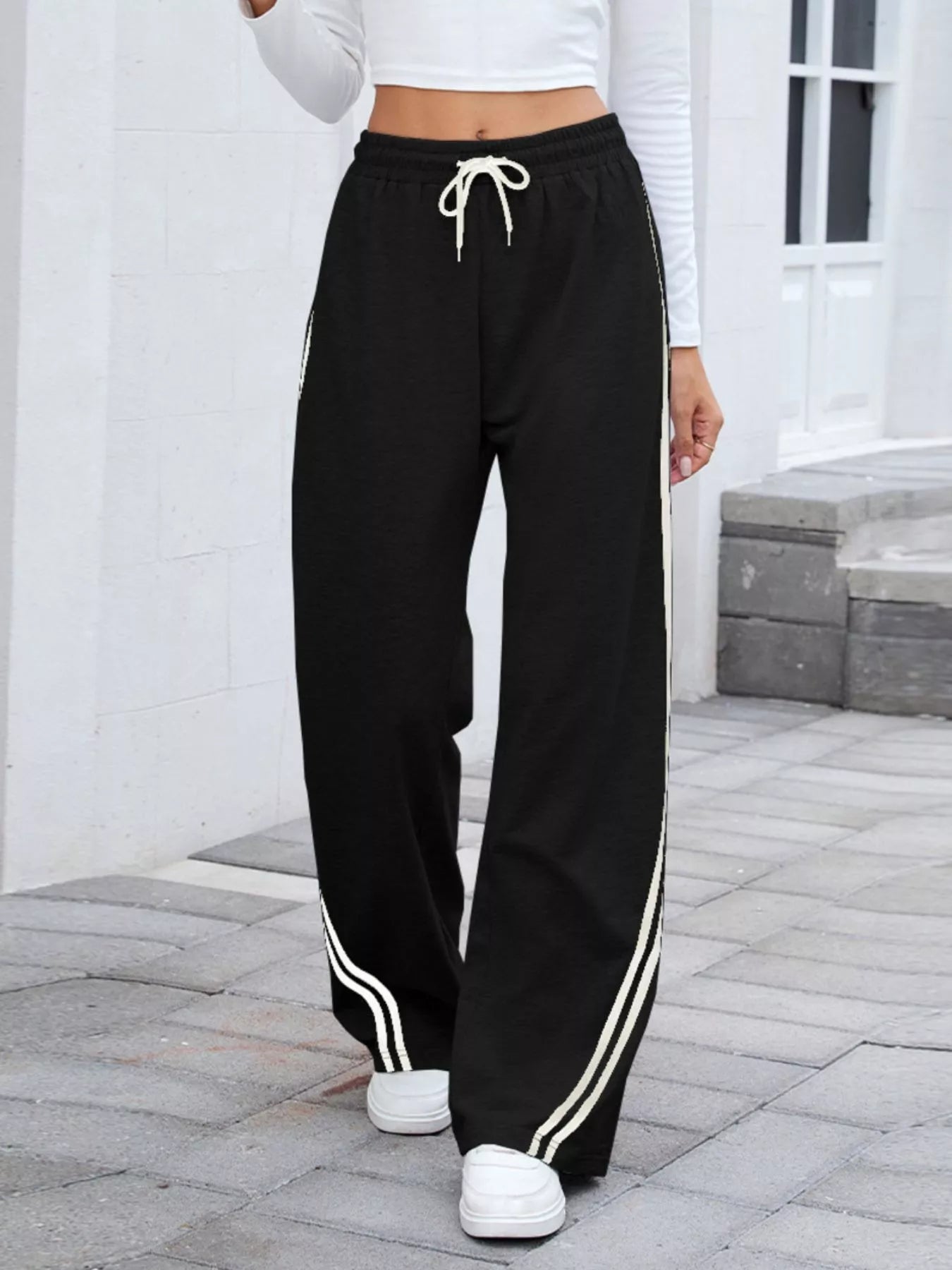 Side Striped Wide Leg Pants - MAD RUFFI