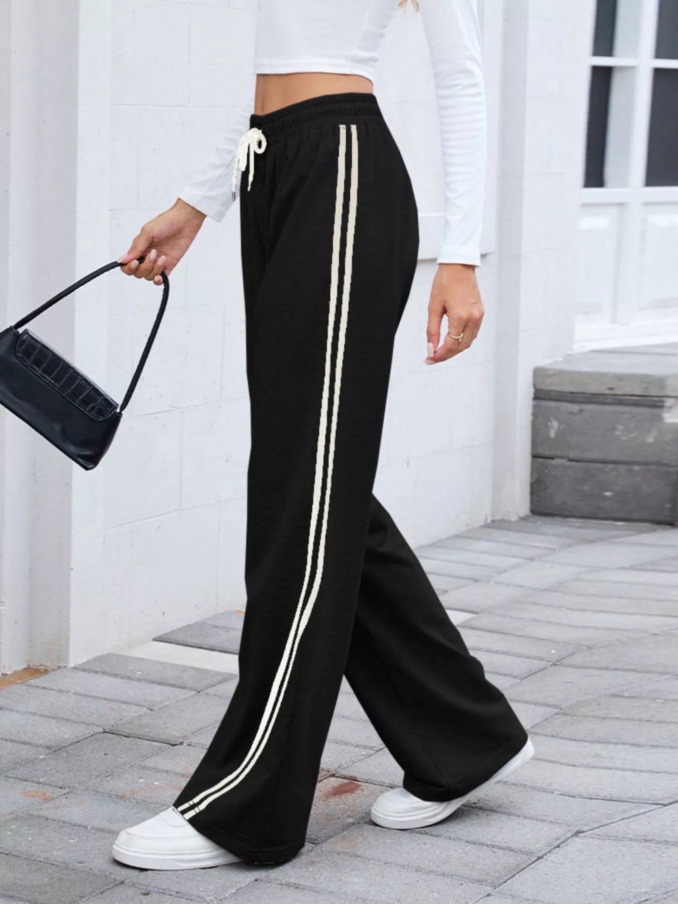 Side Striped Wide Leg Pants - MAD RUFFI