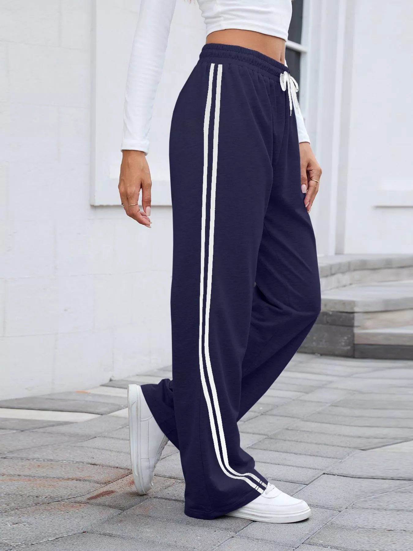 Side Striped Wide Leg Pants - MAD RUFFI
