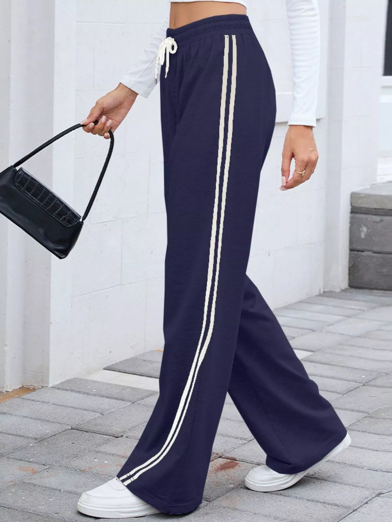 Side Striped Wide Leg Pants - MAD RUFFI