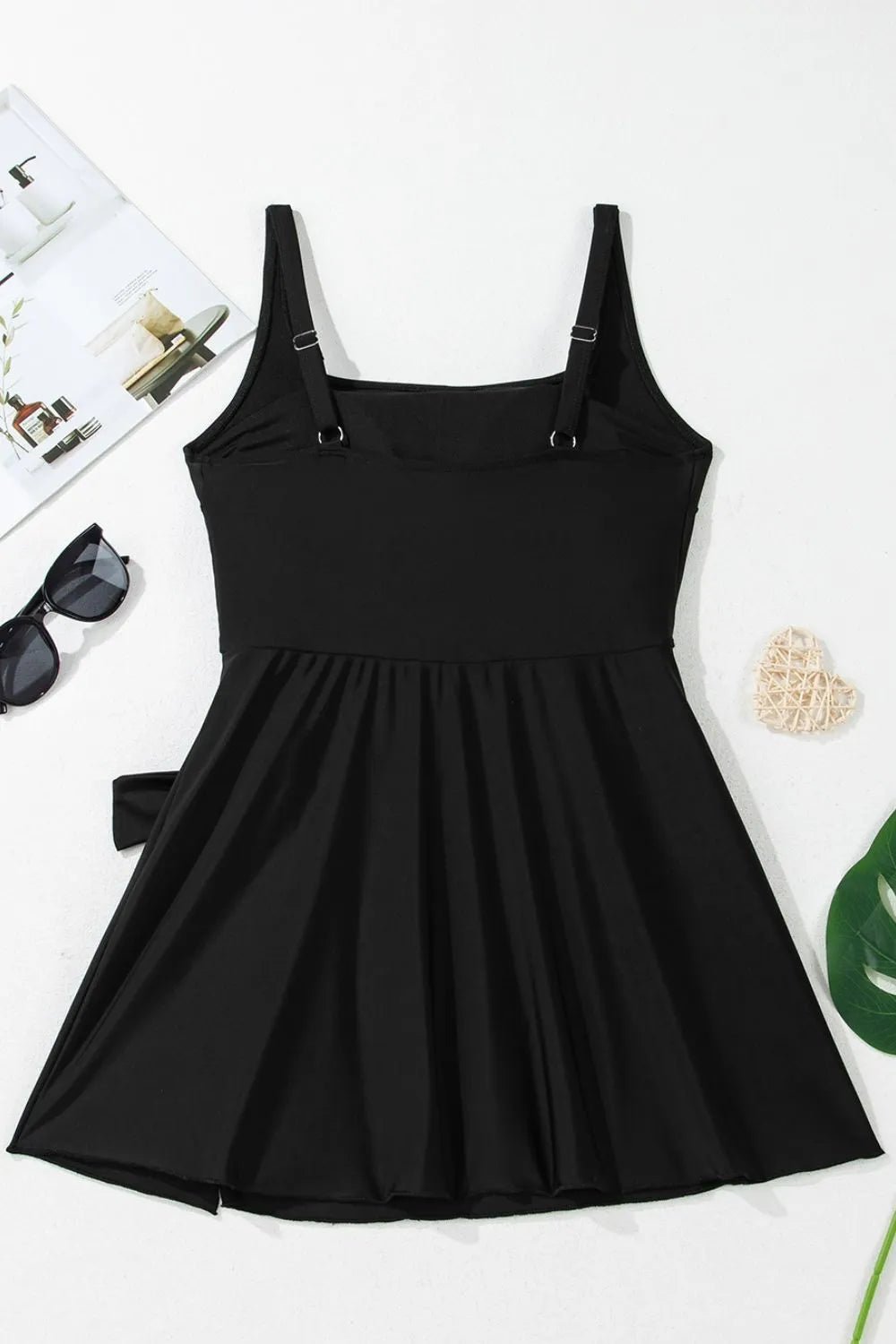 Side Tied Waist Square Neck Adjustable Straps A - line One Piece Swim Dress - MAD RUFFI