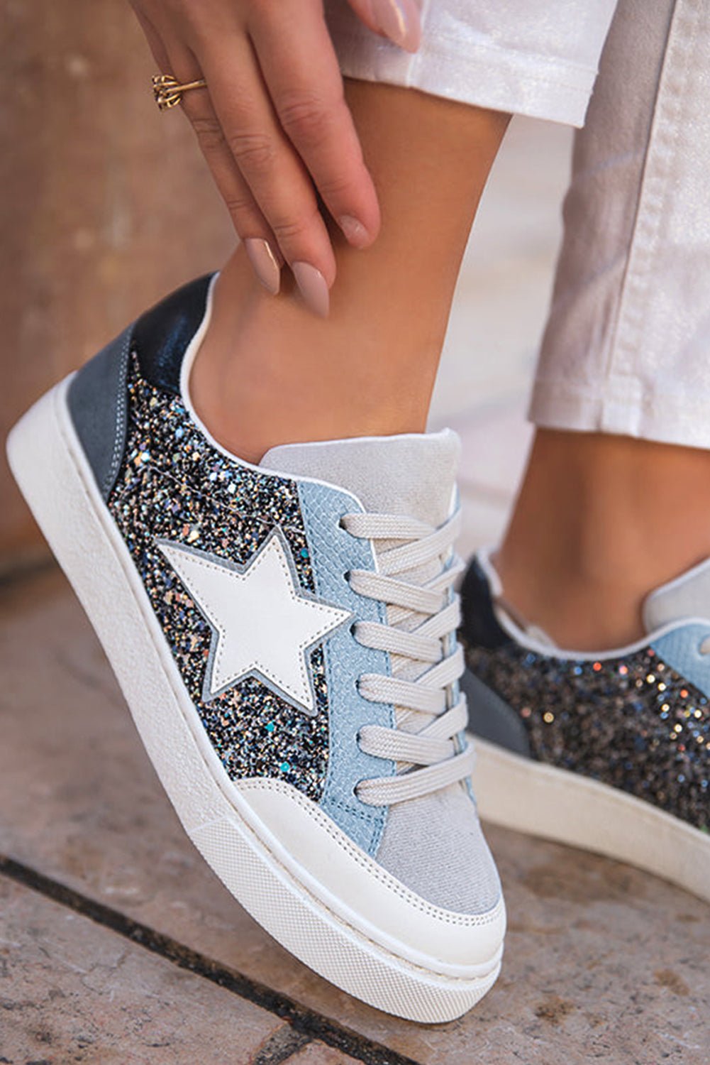 Silver Sequin Star Patch Lace Up Shoes - MAD RUFFI