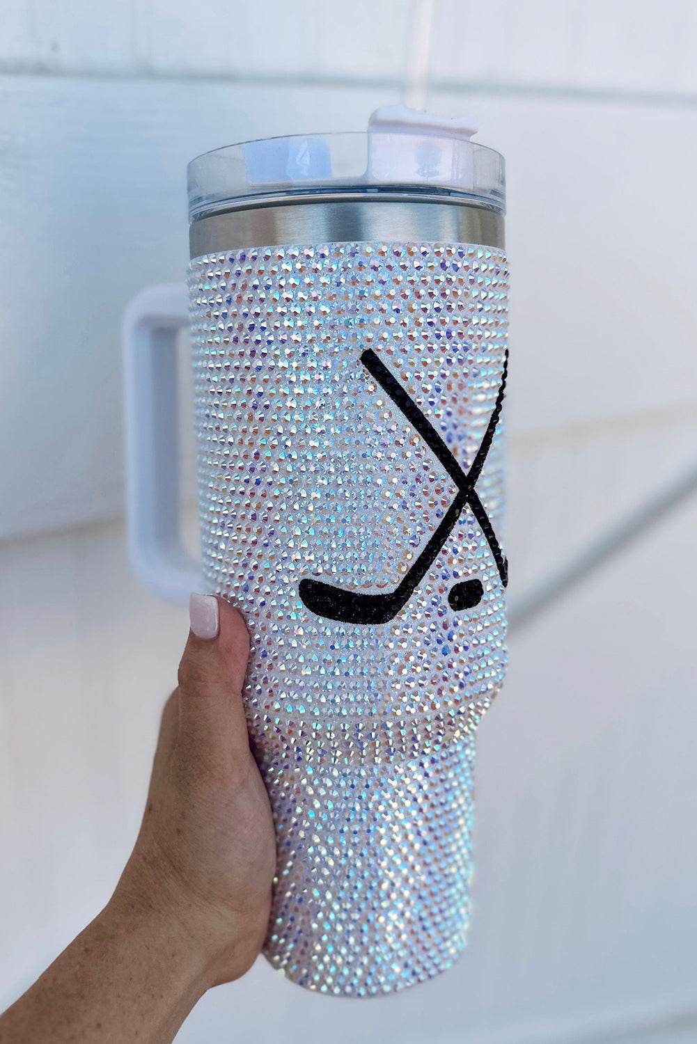 Silvery 40Oz Hockey Game Day Rhinestone Tumbler with Handle - MAD RUFFI