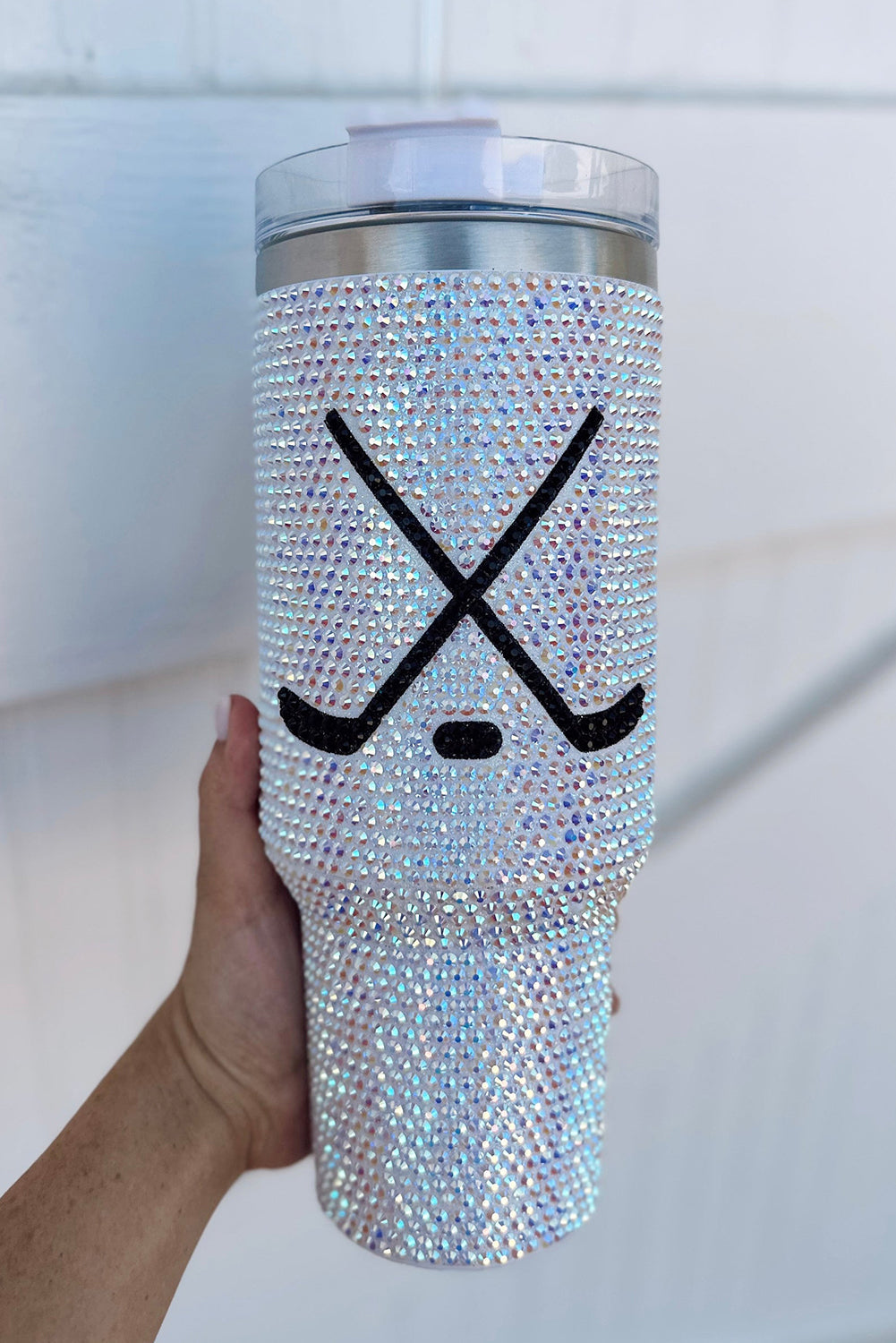 Silvery 40Oz Hockey Game Day Rhinestone Tumbler with Handle - MAD RUFFI