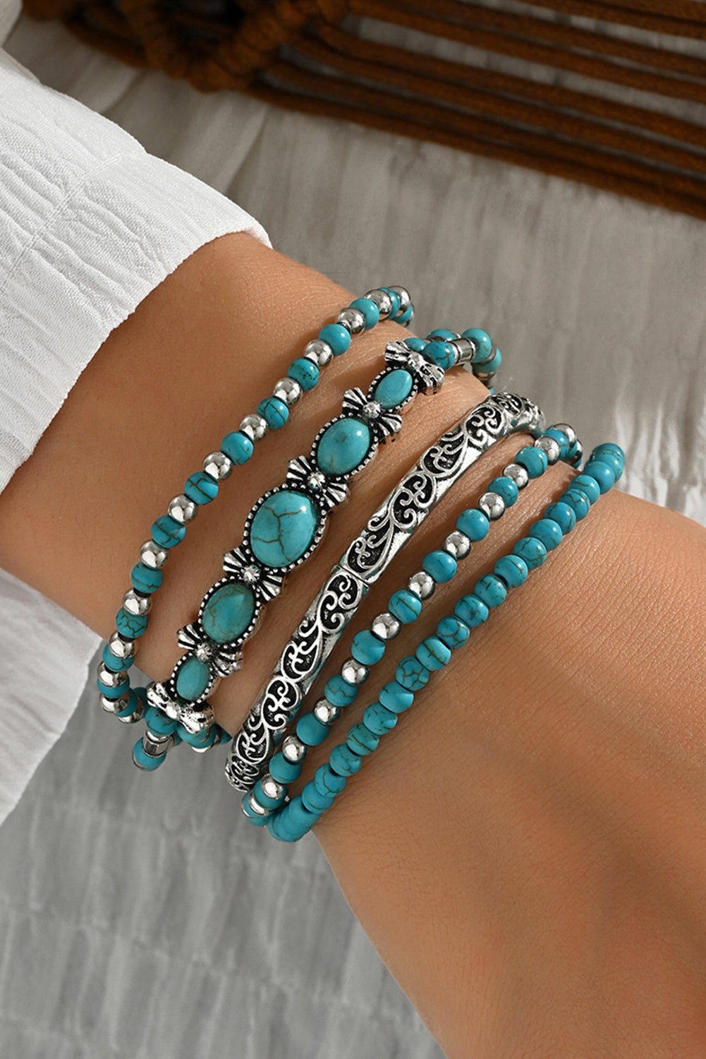 Silvery Boho Turquoise Beaded Bracelet Set - MAD RUFFI