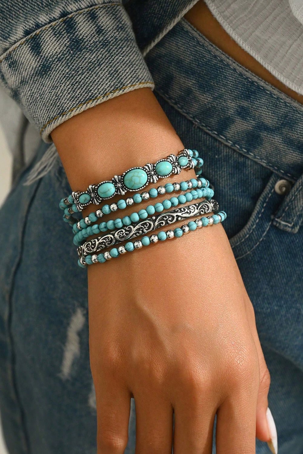 Silvery Boho Turquoise Beaded Bracelet Set - MAD RUFFI
