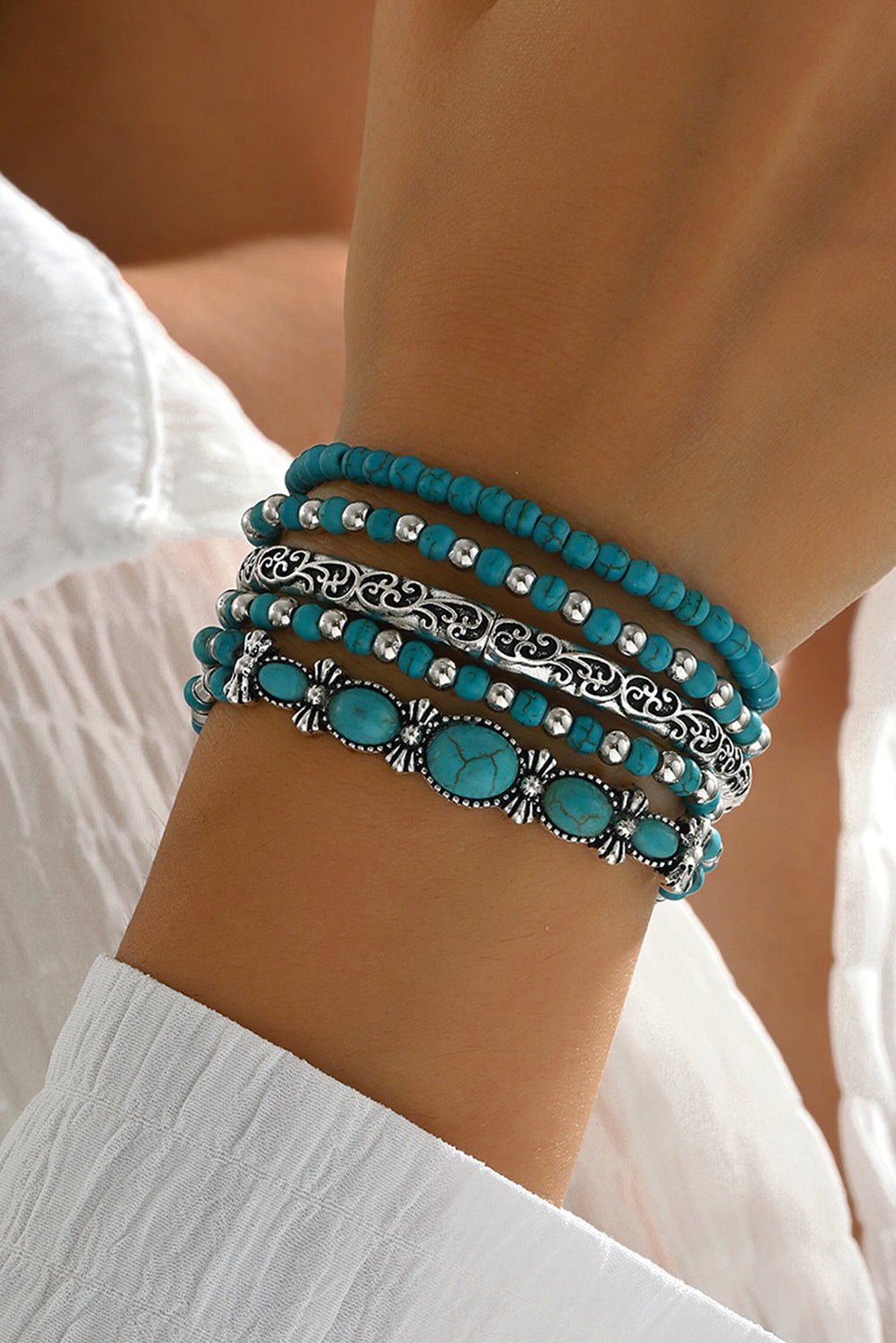 Silvery Boho Turquoise Beaded Bracelet Set - MAD RUFFI