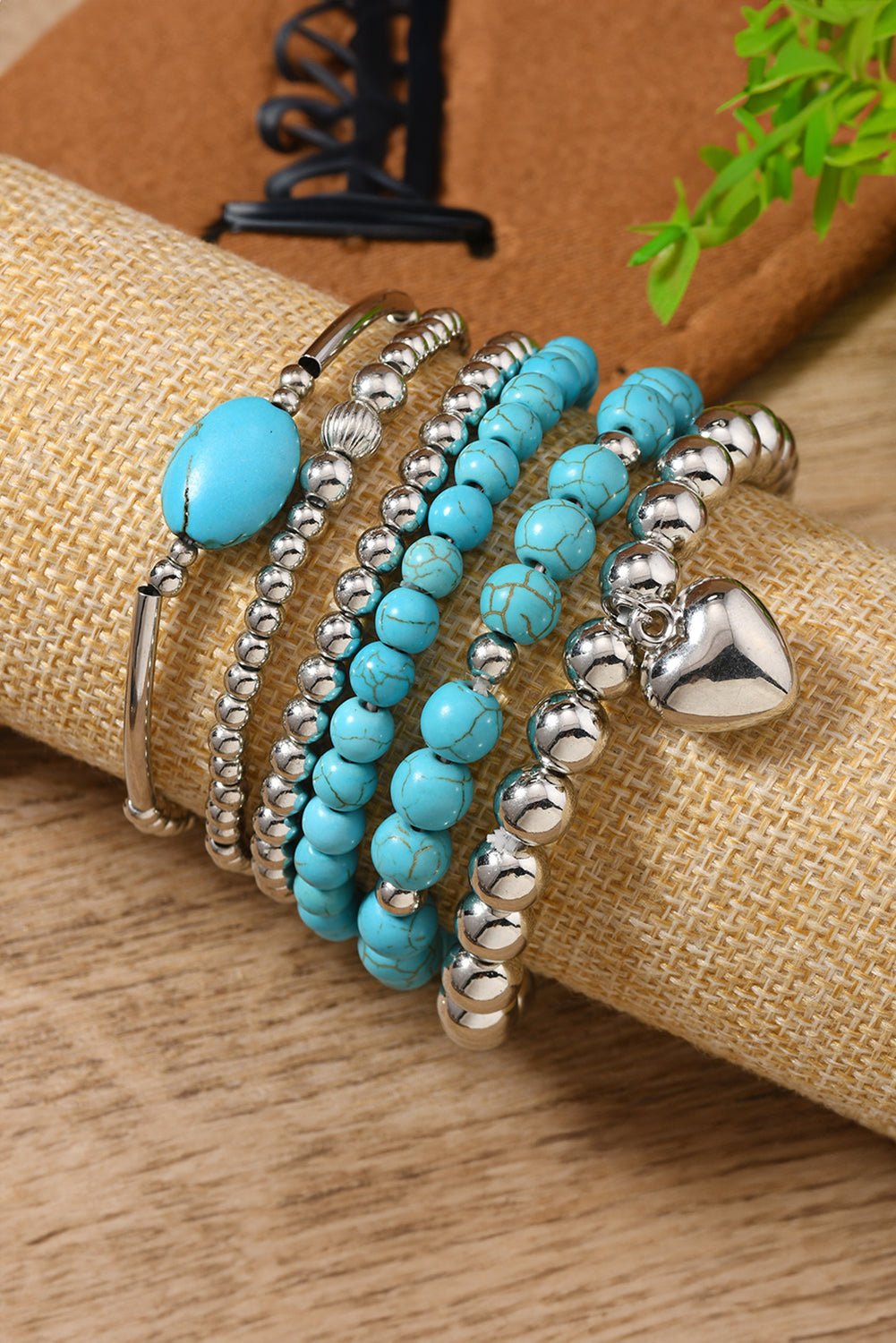 Silvery Heart Pendant Turquoise Beaded Bracelet Set - MAD RUFFI