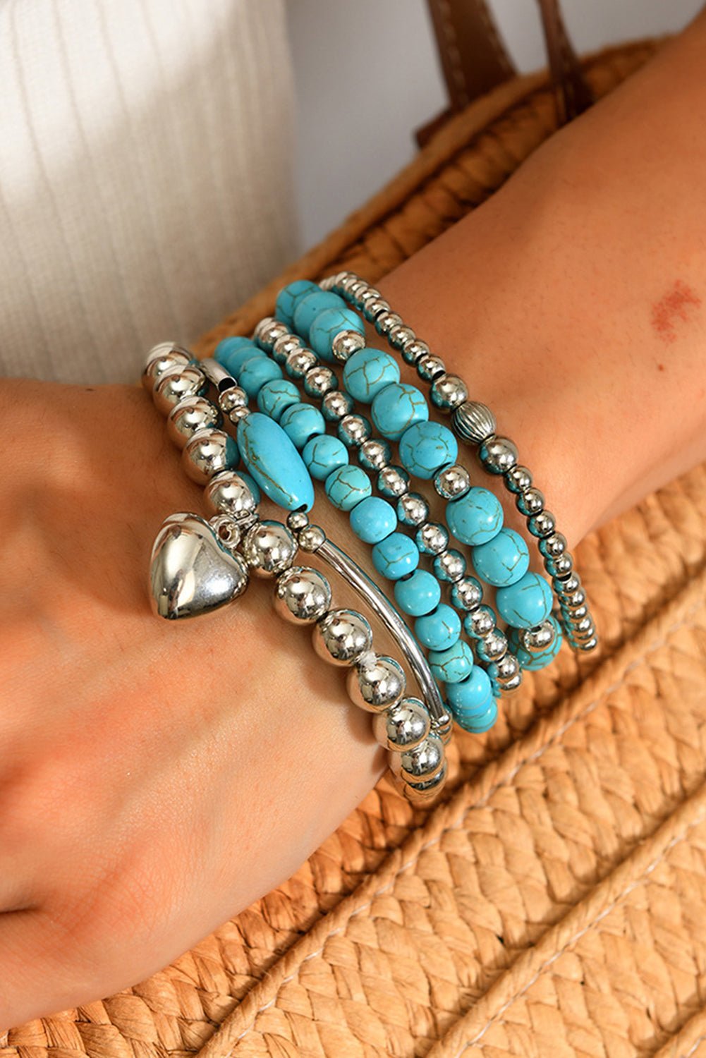 Silvery Heart Pendant Turquoise Beaded Bracelet Set - MAD RUFFI