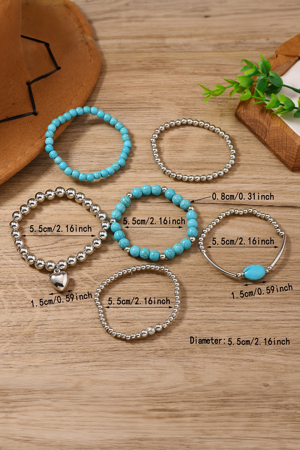 Silvery Heart Pendant Turquoise Beaded Bracelet Set - MAD RUFFI
