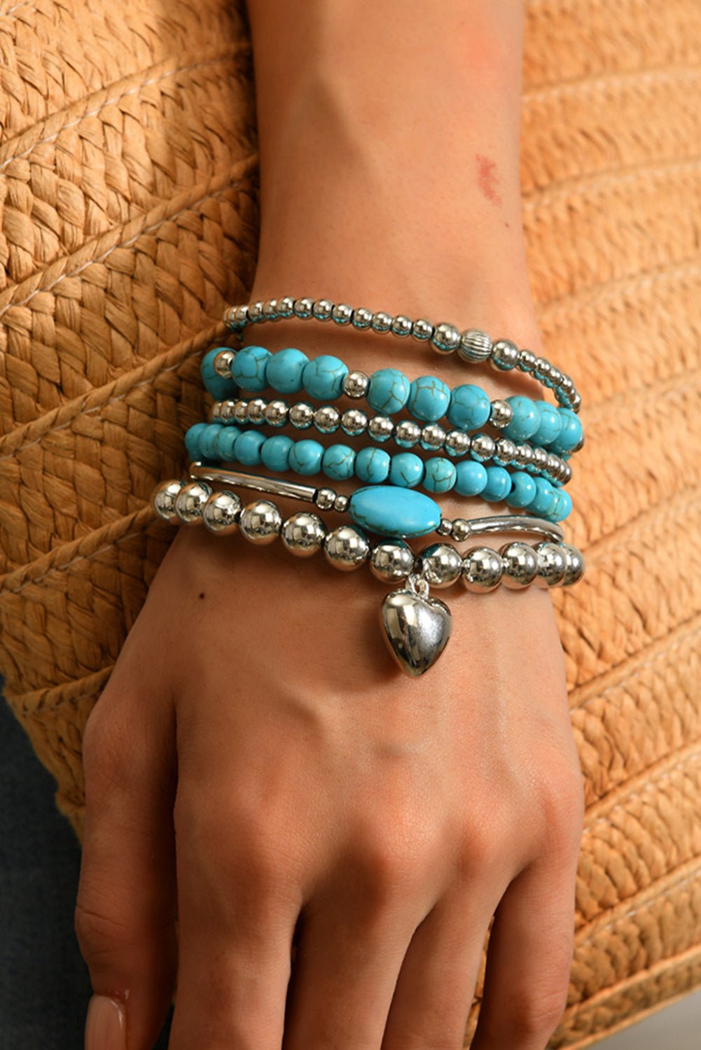 Silvery Heart Pendant Turquoise Beaded Bracelet Set - MAD RUFFI