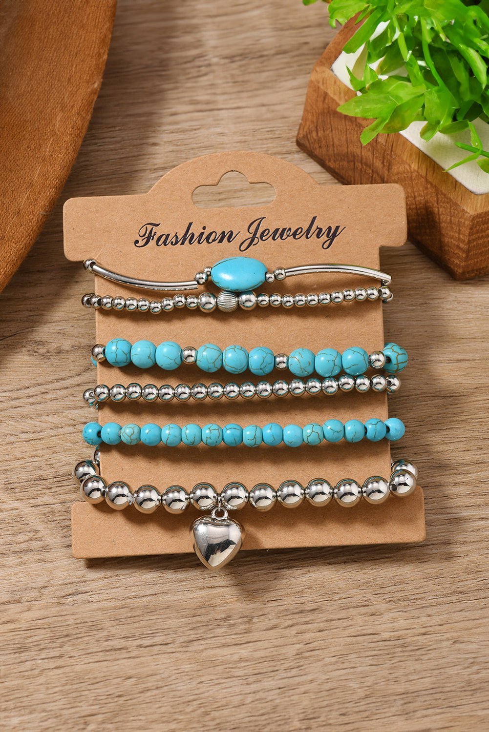 Silvery Heart Pendant Turquoise Beaded Bracelet Set - MAD RUFFI