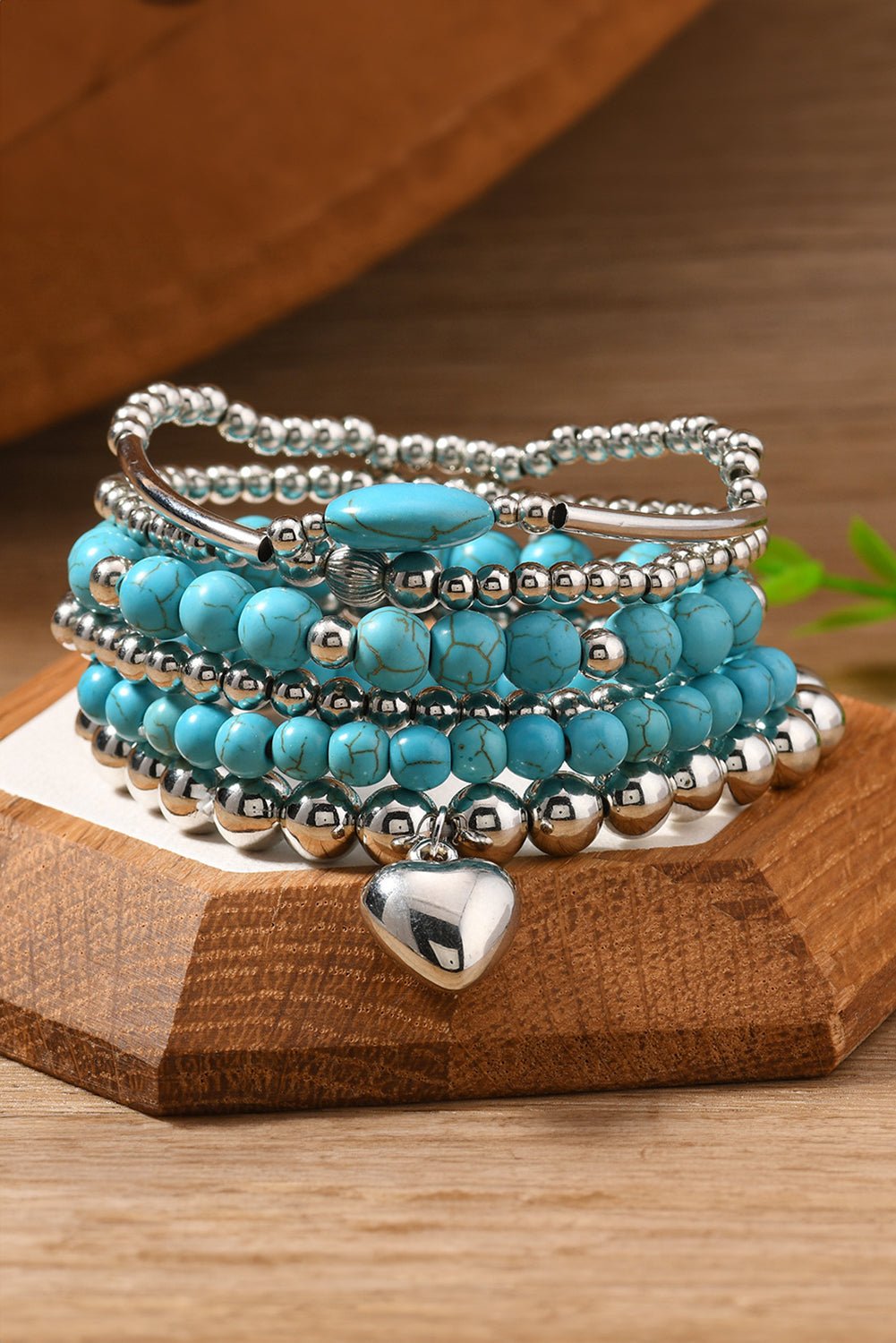 Silvery Heart Pendant Turquoise Beaded Bracelet Set - MAD RUFFI