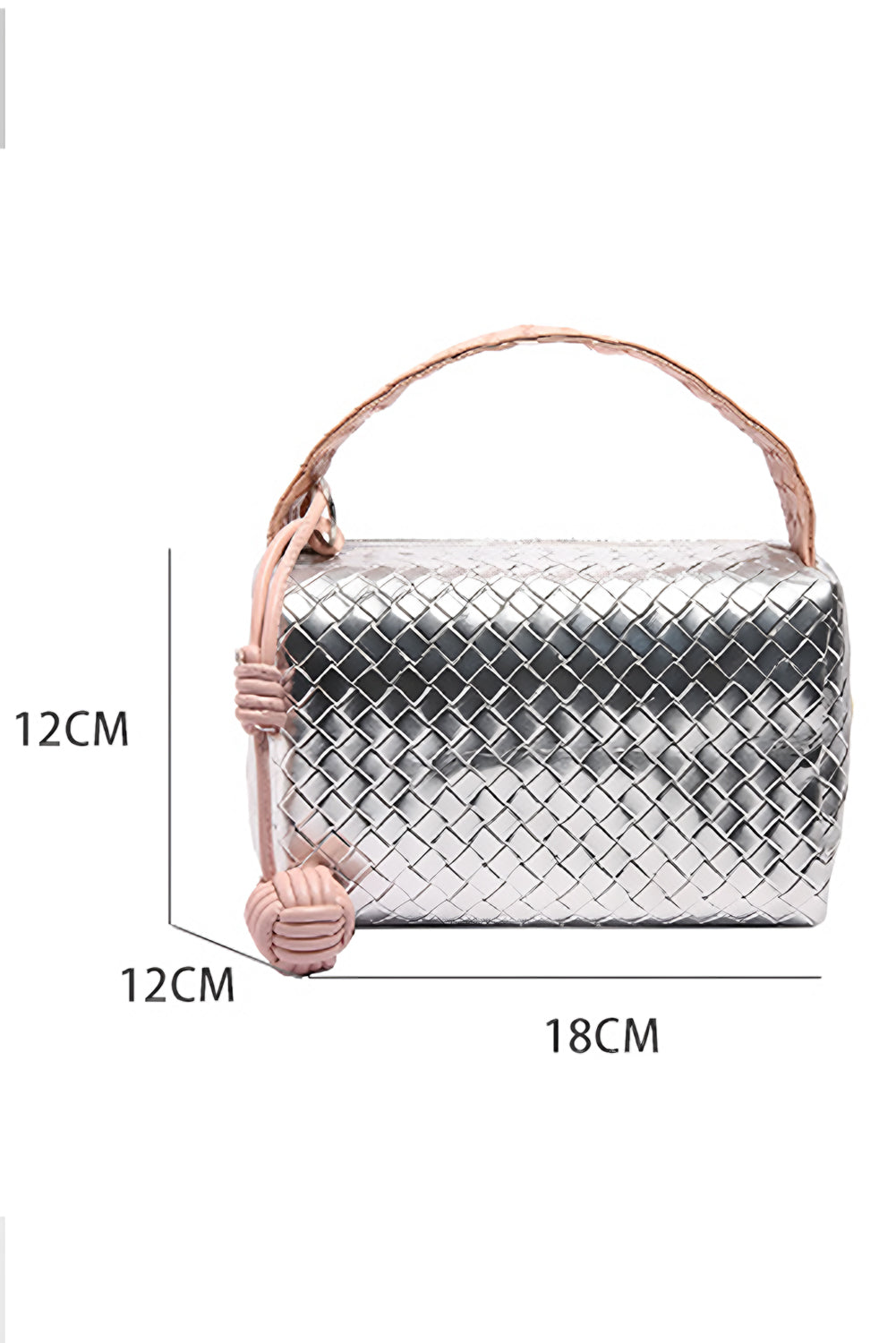 Silvery Lattice Texture Corded Ball Decor Weaven Handle Cosmetic Bag - MAD RUFFI