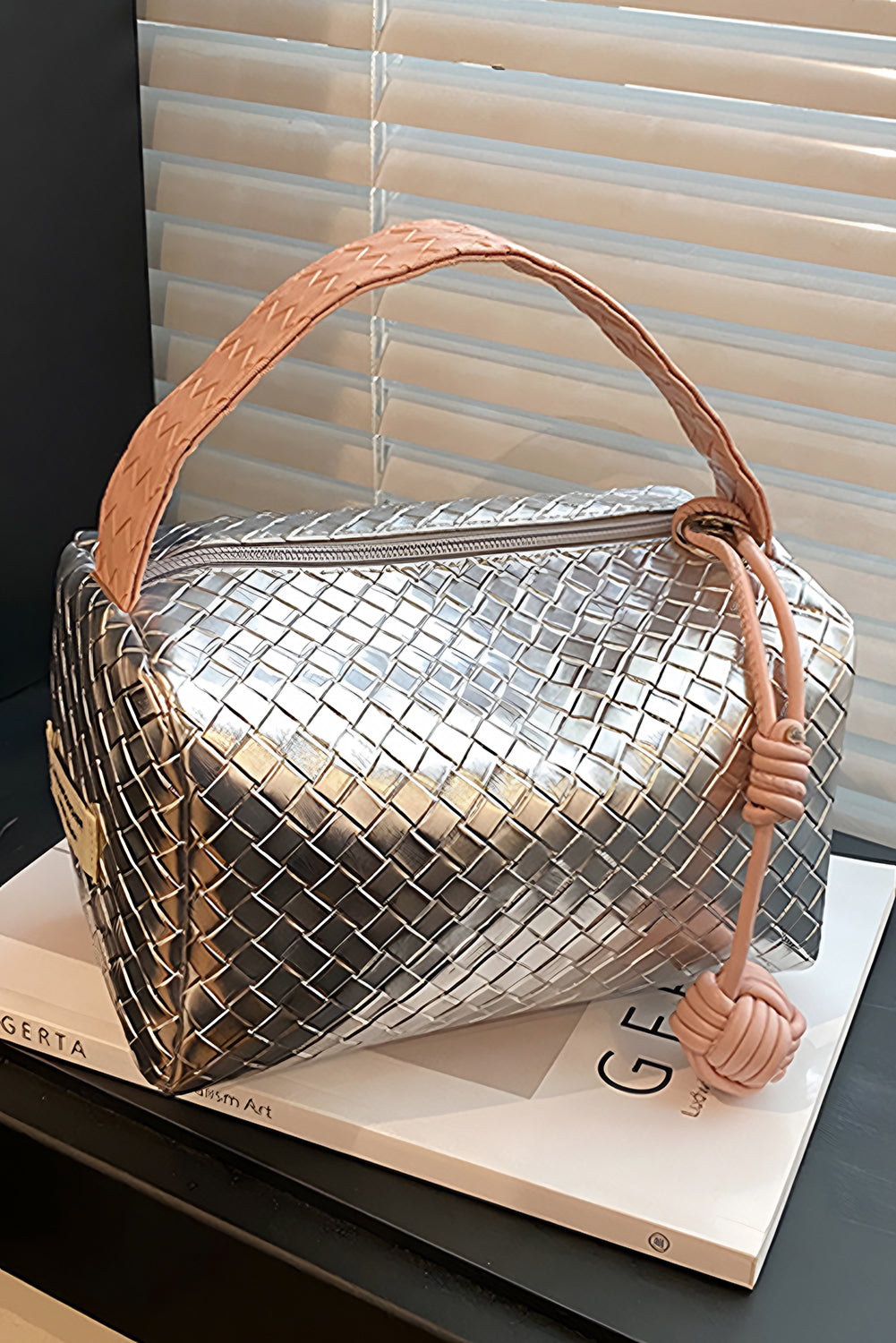 Silvery Lattice Texture Corded Ball Decor Weaven Handle Cosmetic Bag - MAD RUFFI