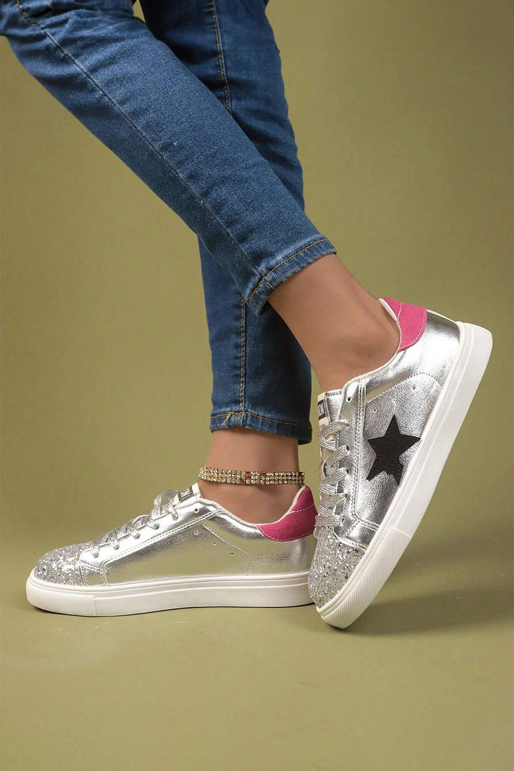 Silvery Metallic Luster Star Pattern Slip On Sneakers - MAD RUFFI