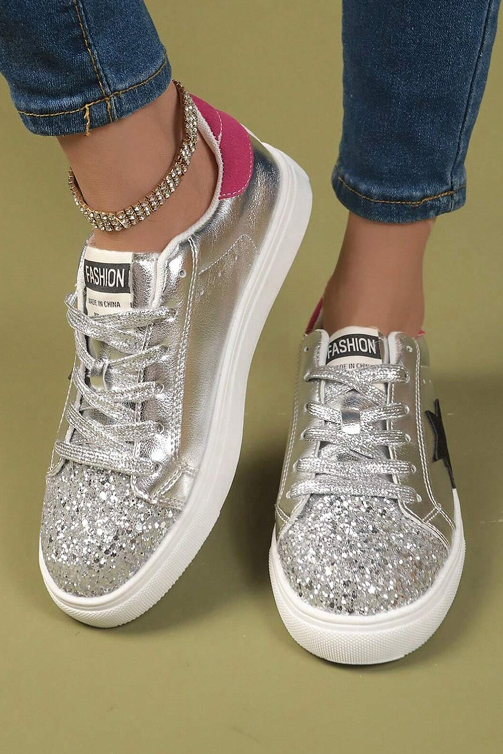 Silvery Metallic Luster Star Pattern Slip On Sneakers - MAD RUFFI