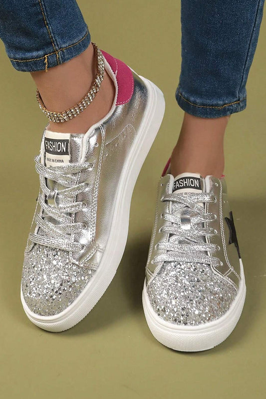 Silvery Metallic Luster Star Pattern Slip On Sneakers - MAD RUFFI