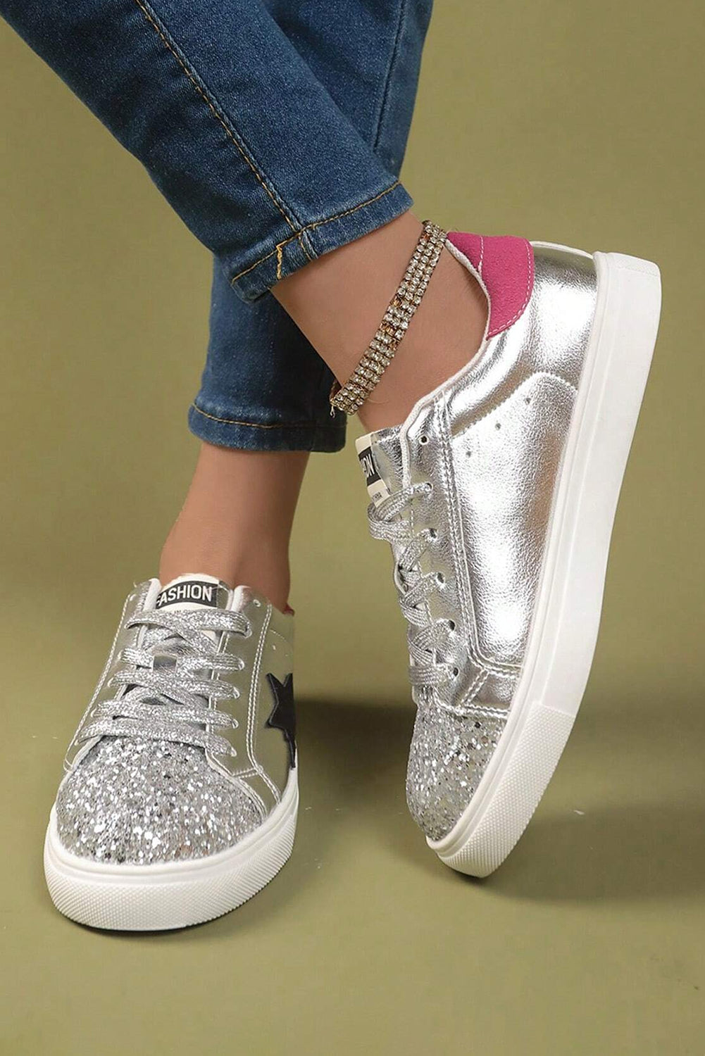 Silvery Metallic Luster Star Pattern Slip On Sneakers - MAD RUFFI