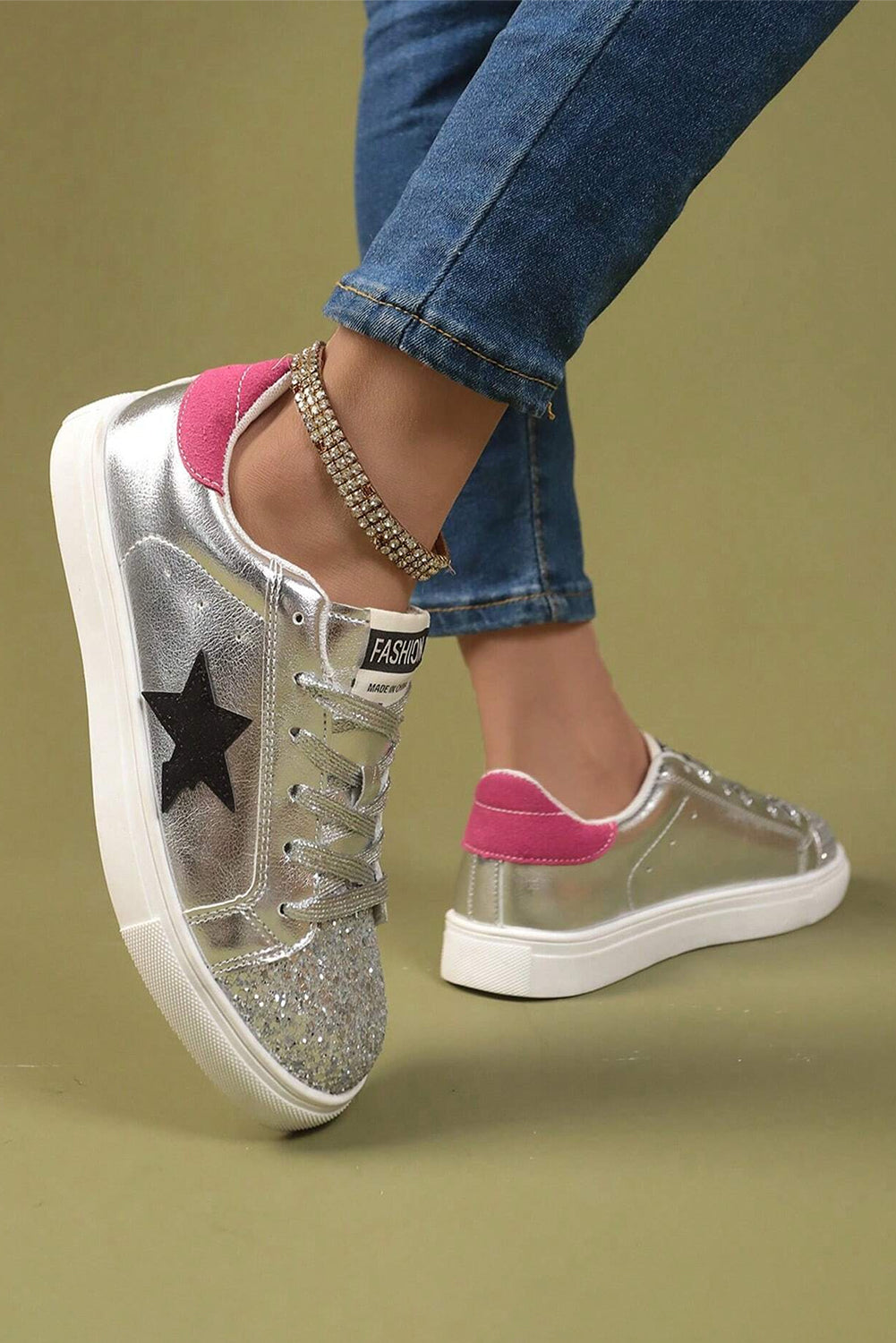 Silvery Metallic Luster Star Pattern Slip On Sneakers - MAD RUFFI