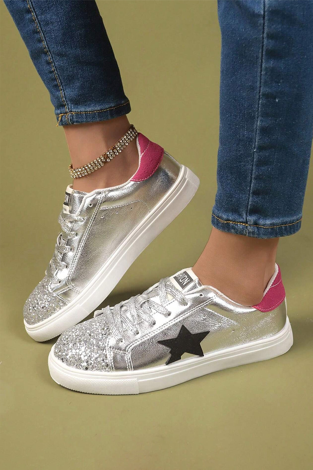 Silvery Metallic Luster Star Pattern Slip On Sneakers - MAD RUFFI