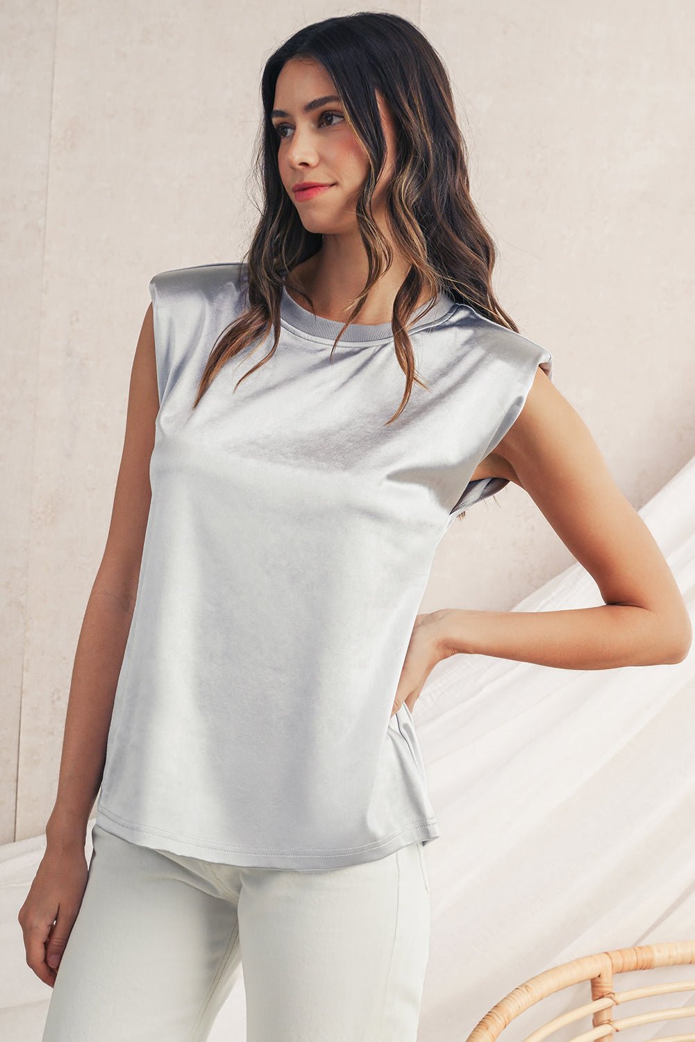 Silvery Solid Sleeveless Round Neck Tee - MAD RUFFI