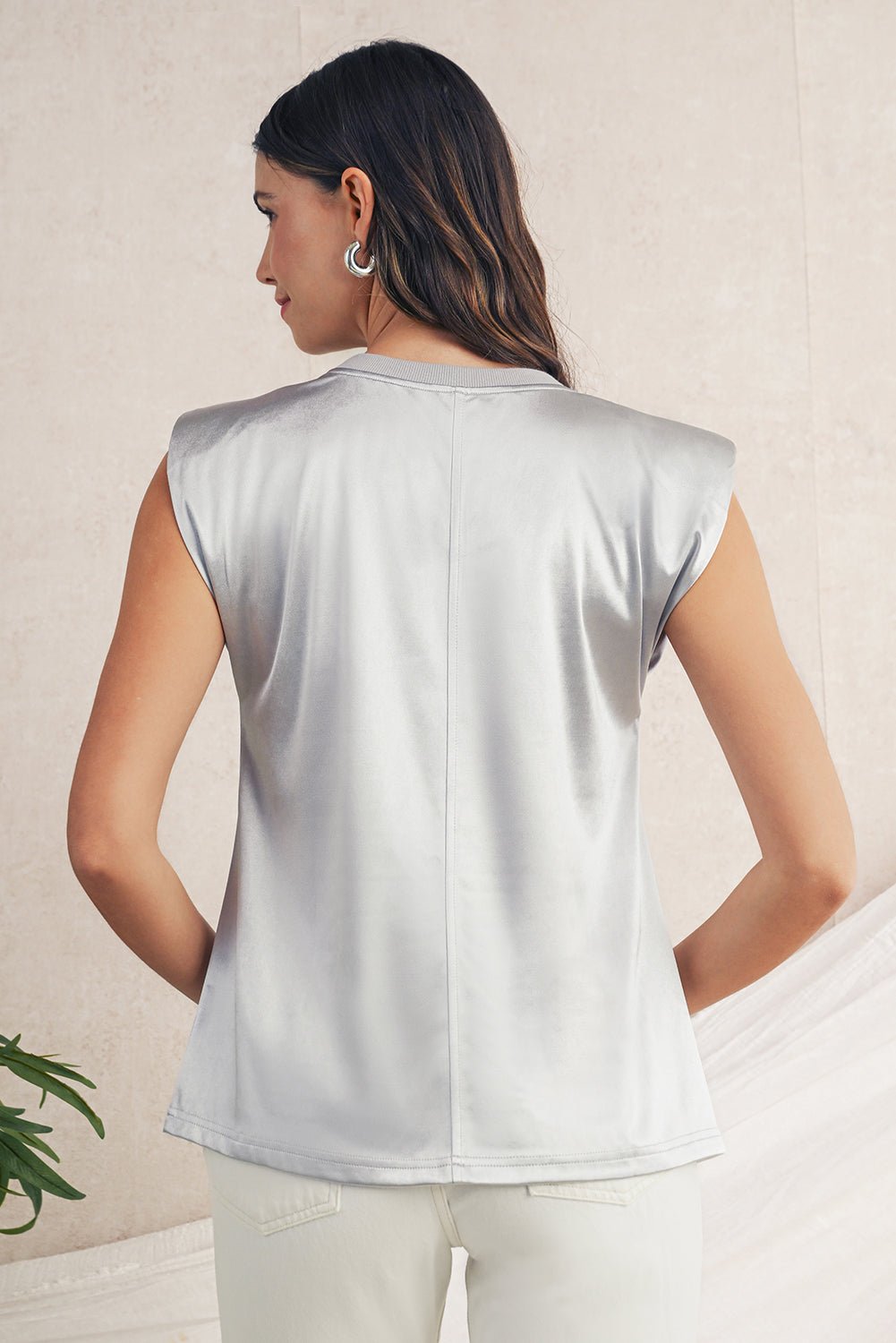 Silvery Solid Sleeveless Round Neck Tee - MAD RUFFI
