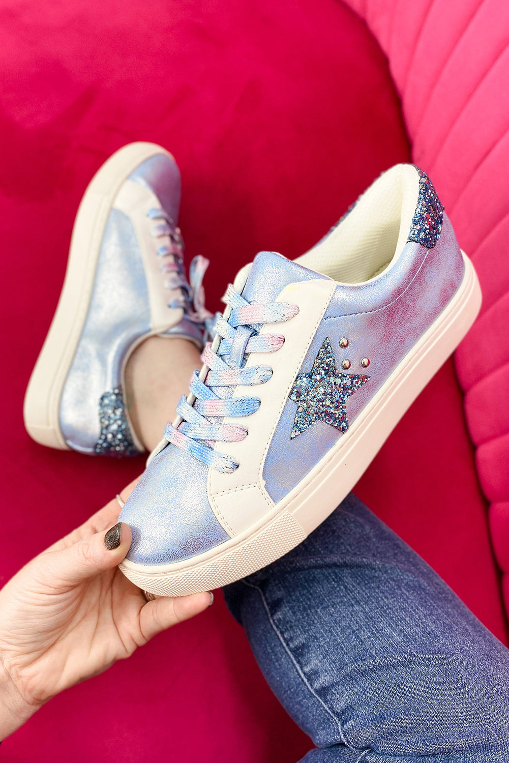 Silvery Star Sequin Patchwork Criss Cross Lace Up Sneakers - MAD RUFFI