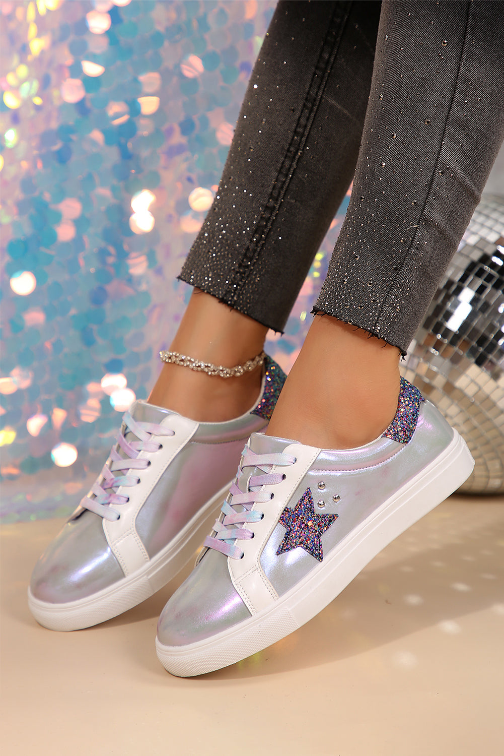 Silvery Star Sequin Patchwork Criss Cross Lace Up Sneakers - MAD RUFFI