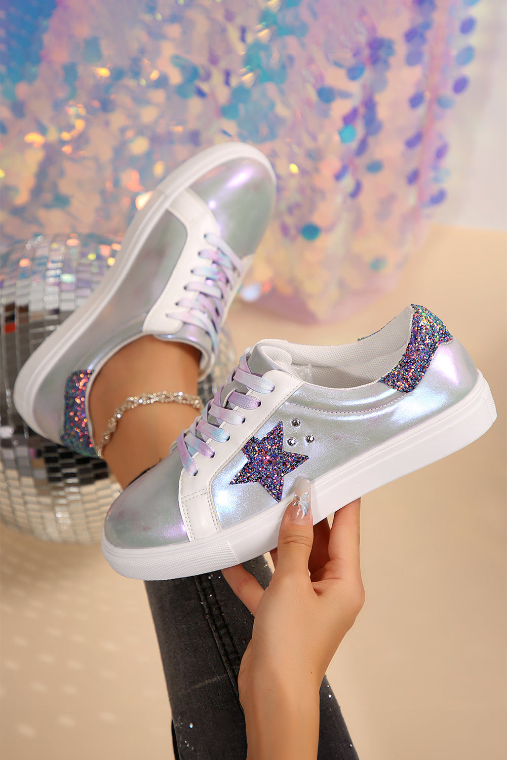 Silvery Star Sequin Patchwork Criss Cross Lace Up Sneakers - MAD RUFFI