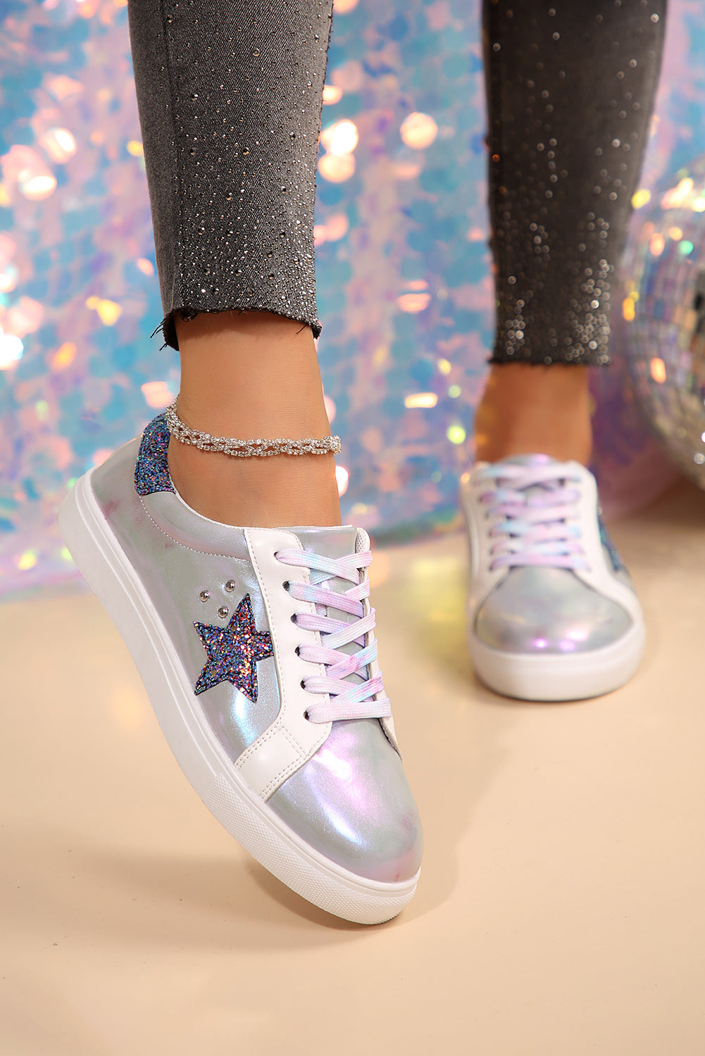 Silvery Star Sequin Patchwork Criss Cross Lace Up Sneakers - MAD RUFFI