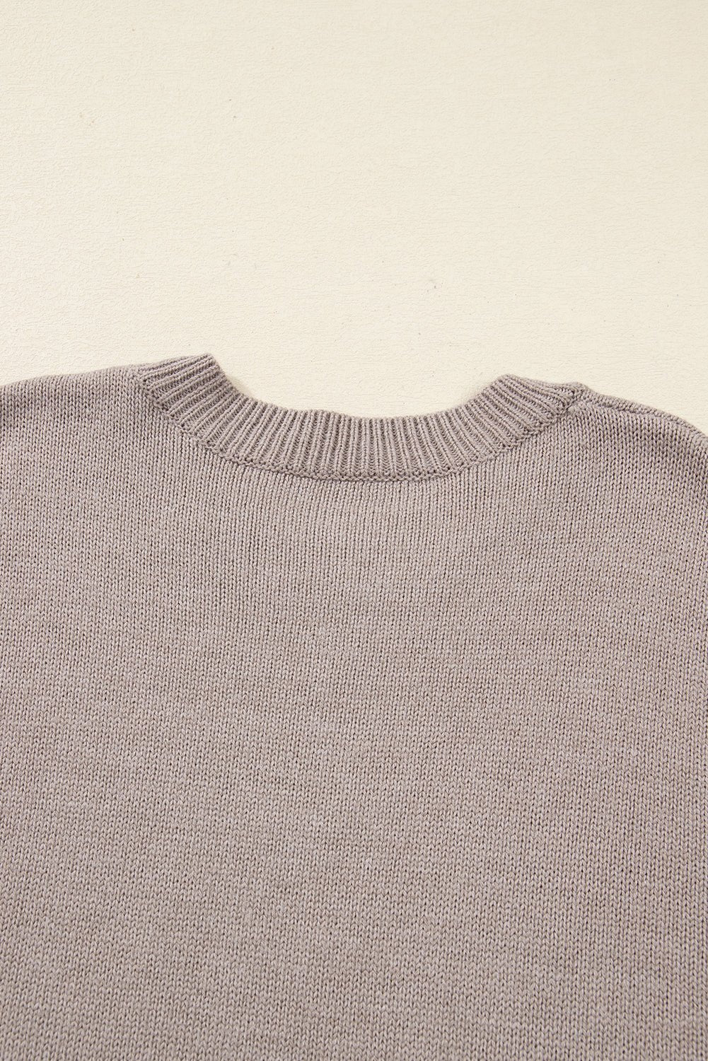 Simply Taupe Embroidered Floral Sleeve Round Neck Loose Sweater - MAD RUFFI