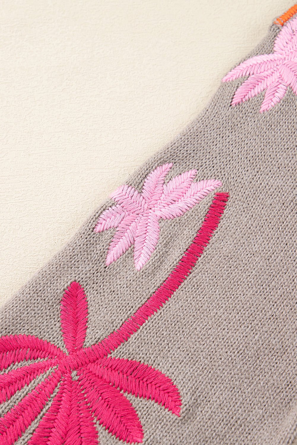 Simply Taupe Embroidered Floral Sleeve Round Neck Loose Sweater - MAD RUFFI