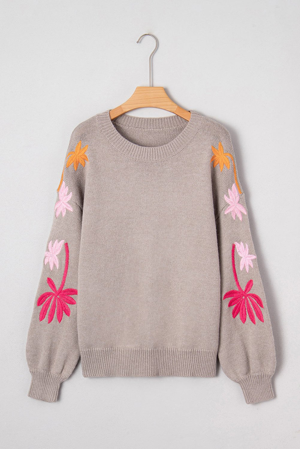 Simply Taupe Embroidered Floral Sleeve Round Neck Loose Sweater - MAD RUFFI