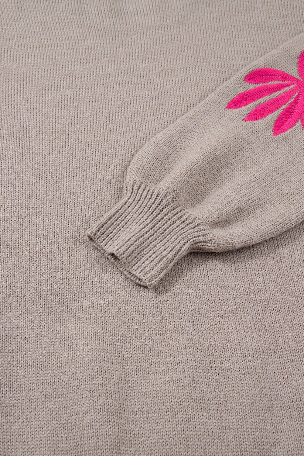 Simply Taupe Embroidered Floral Sleeve Round Neck Loose Sweater - MAD RUFFI