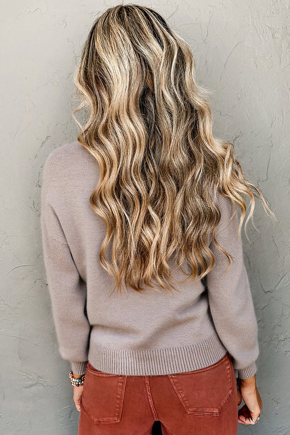 Simply Taupe Embroidered Floral Sleeve Round Neck Loose Sweater - MAD RUFFI