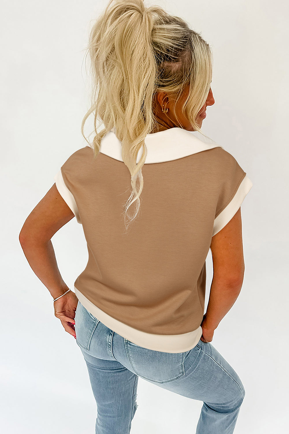 Simply Taupe Half Zipper Collared Colorblock Short Sleeve Top - MAD RUFFI