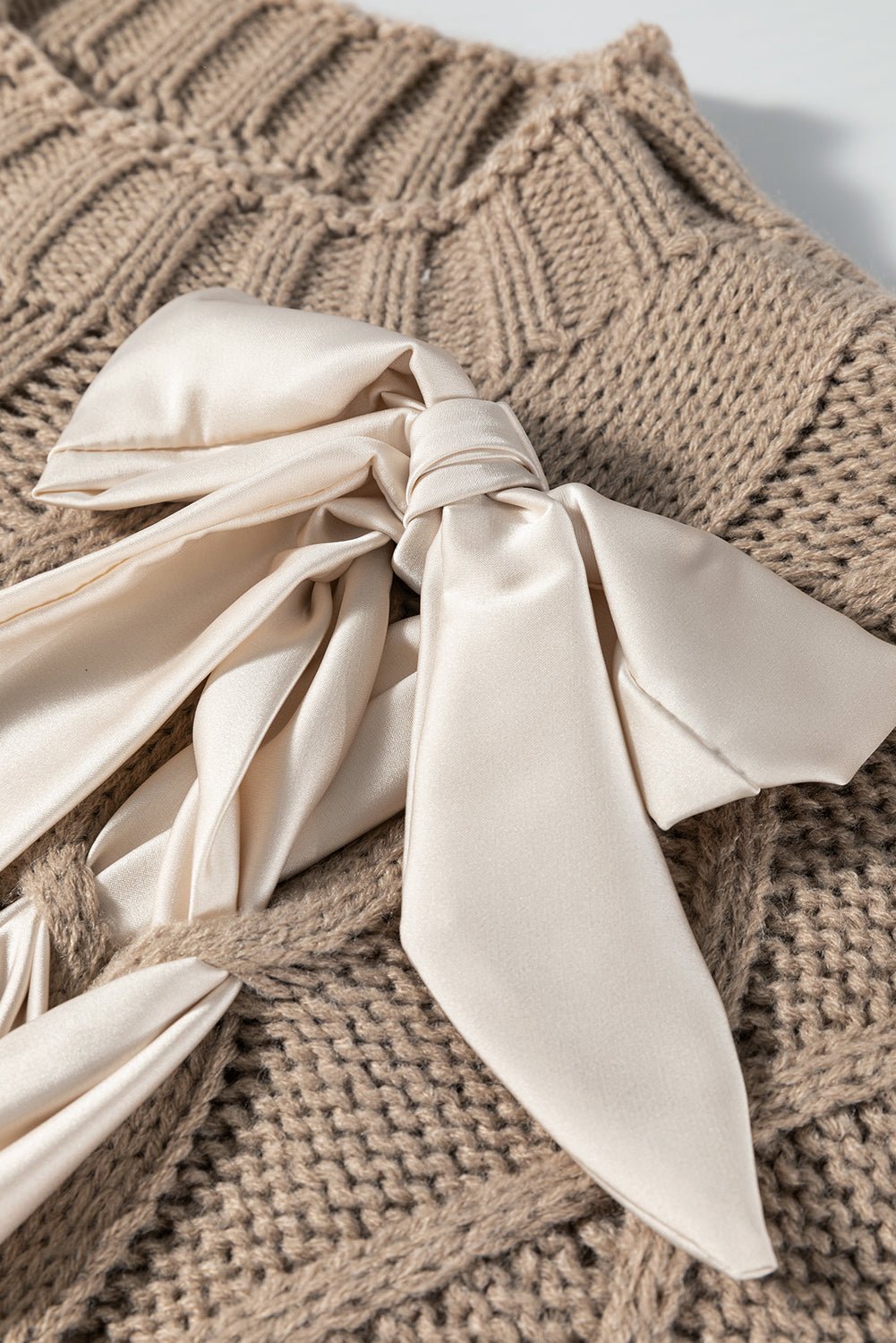 Simply Taupe Satin Bowknot Cable Knit Top - MAD RUFFI