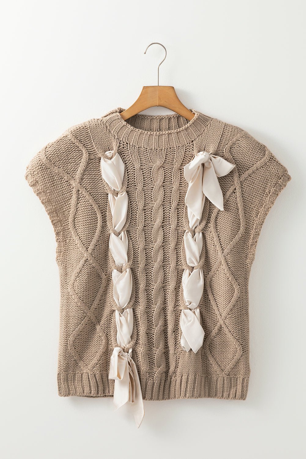 Simply Taupe Satin Bowknot Cable Knit Top - MAD RUFFI