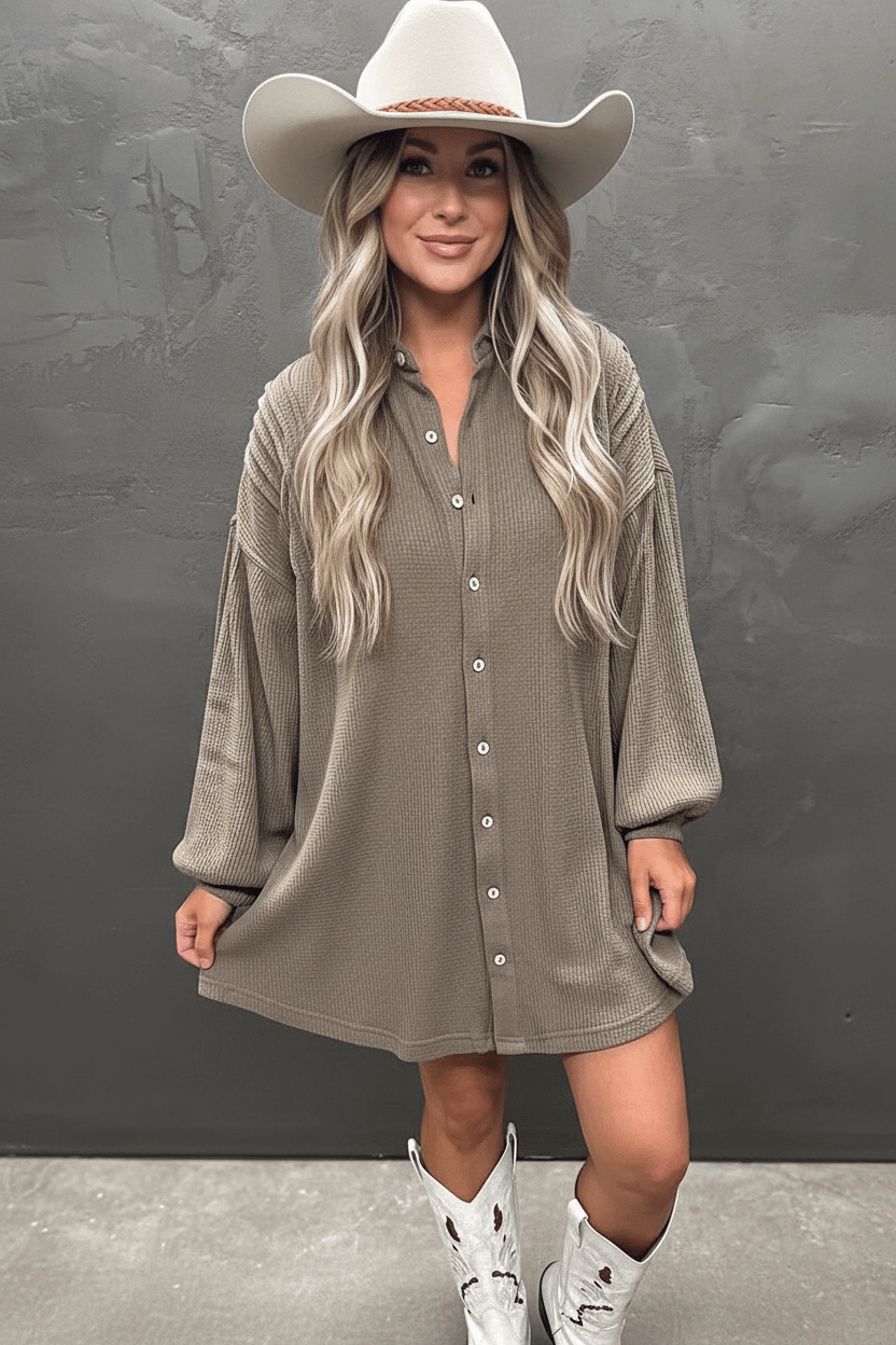 Simply Taupe Waffle Knit Shirt Tunic Mini Dress - MAD RUFFI