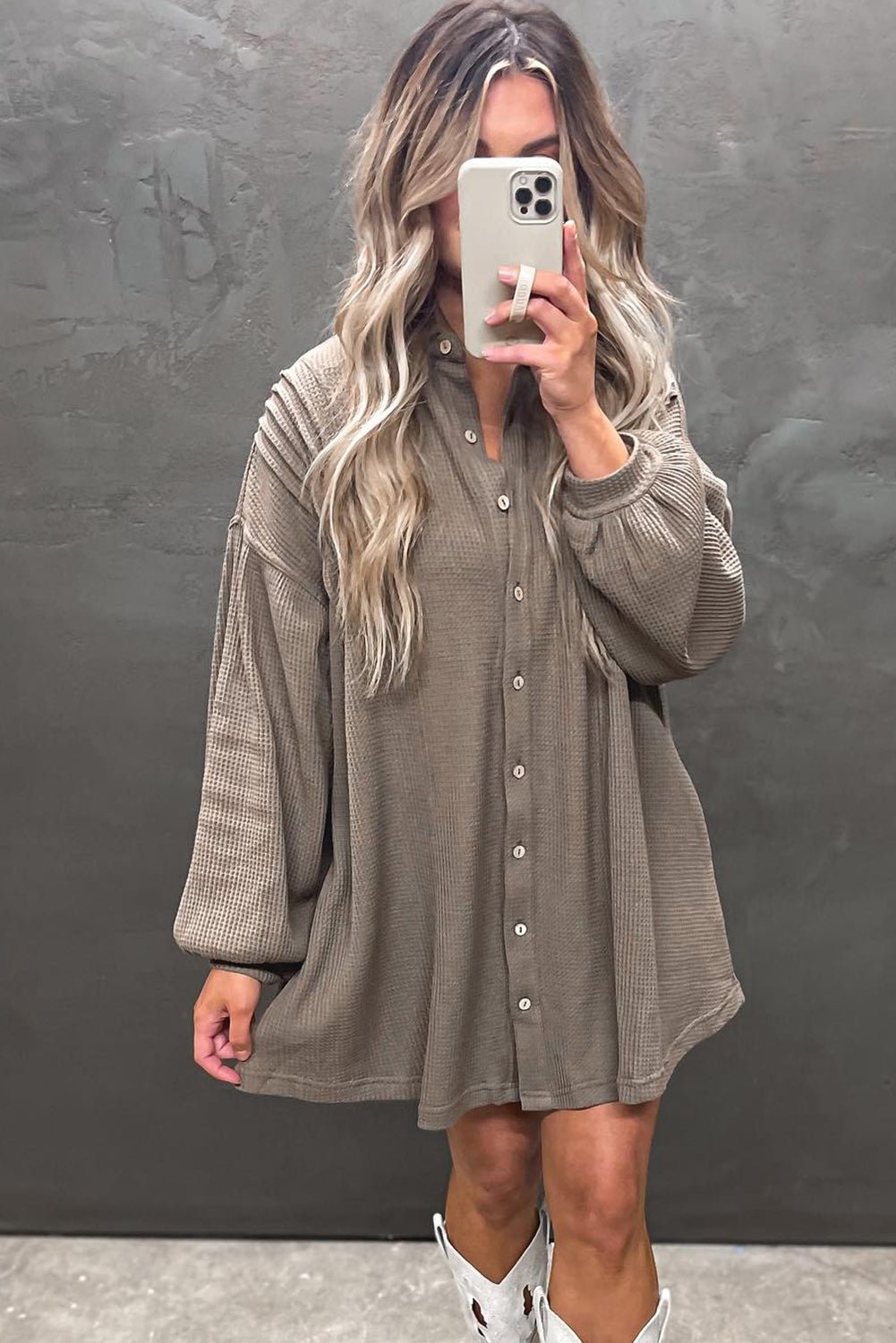 Simply Taupe Waffle Knit Shirt Tunic Mini Dress - MAD RUFFI