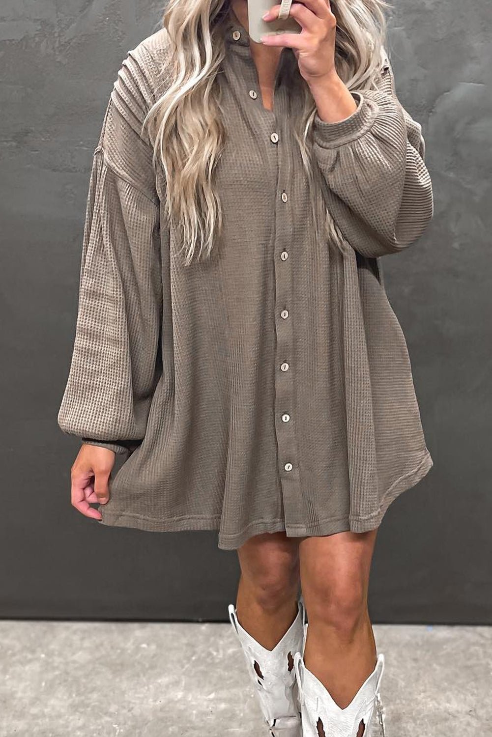 Simply Taupe Waffle Knit Shirt Tunic Mini Dress - MAD RUFFI