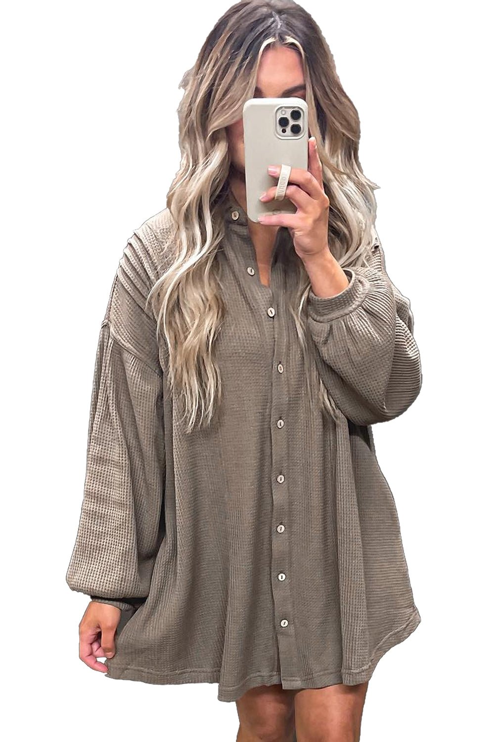 Simply Taupe Waffle Knit Shirt Tunic Mini Dress - MAD RUFFI