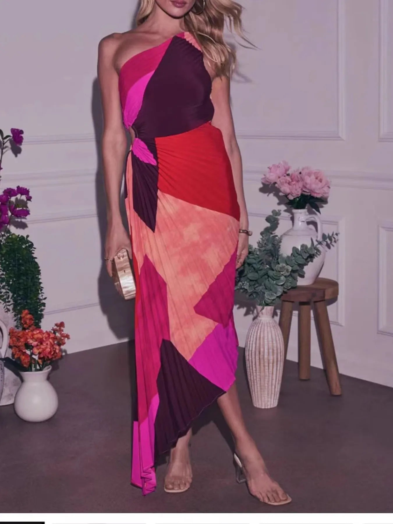 Single Shoulder Floral Pleated Dress - MAD RUFFI