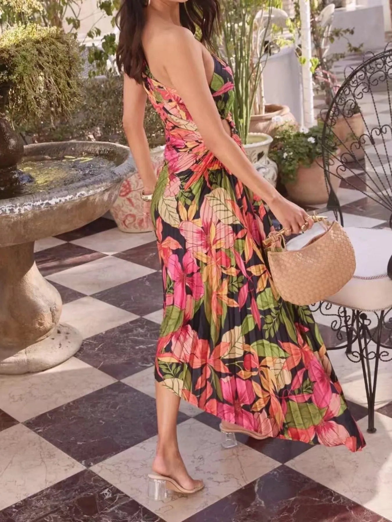 Single Shoulder Floral Pleated Dress - MAD RUFFI