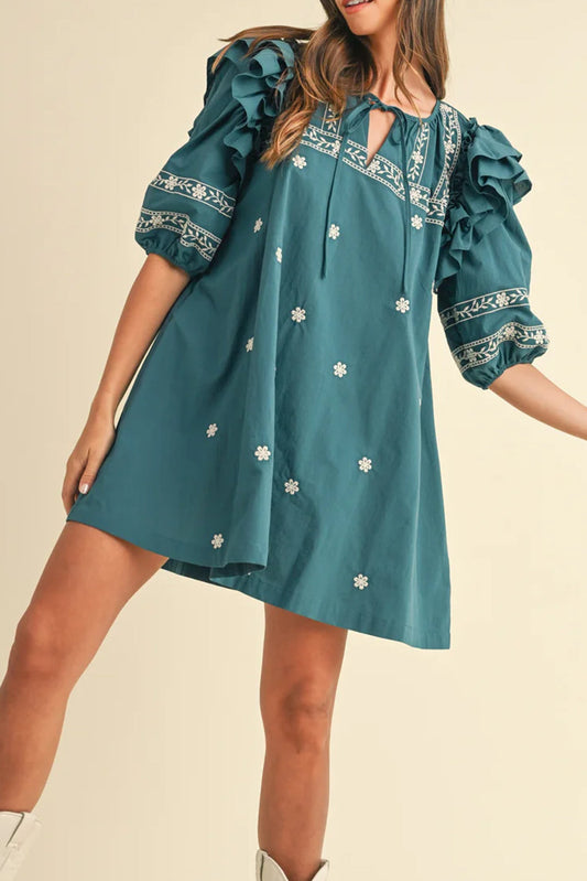 Skobeloff Boho Floral Puff Sleeve Tie Neck Mini Dress - MAD RUFFI